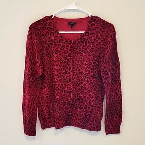 Talbots Sweater Womens Sz Medium Petite Maroon Leopard Print Cardigan